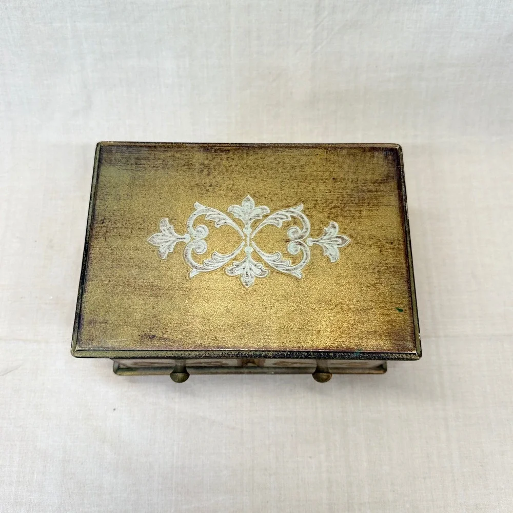 Vintage Italian Florentine Jewelry Box Gold Gilt Wood Red Velvet Mirror Trinket